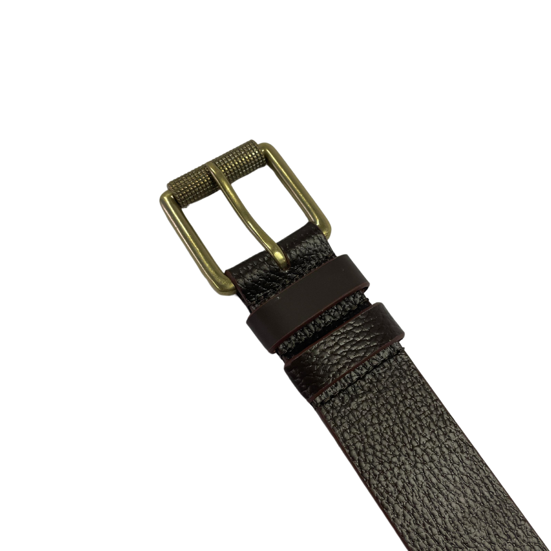 Men's brown full-grain leather belt with textured finish and an antique brass buckle.