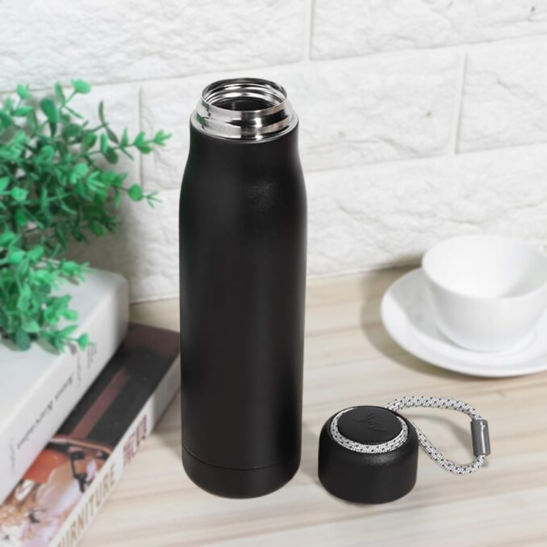 SuperGeneriX 500ml Stainless Steel Water Bottle with Carry Rope | Leak Proof Double Walled Vacuum Insulated Thermosteel Water Bottle, Drinking Bottle for Office, Gym & Travel (500ml, Black)