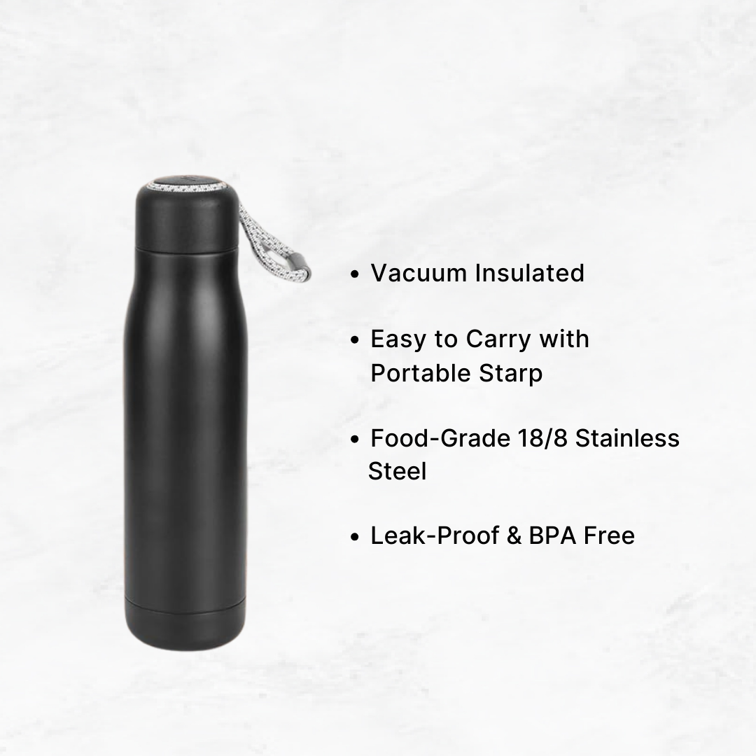 SuperGeneriX 500ml Stainless Steel Water Bottle with Carry Rope | Leak Proof Double Walled Vacuum Insulated Thermosteel Water Bottle, Drinking Bottle for Office, Gym & Travel (500ml, Black)