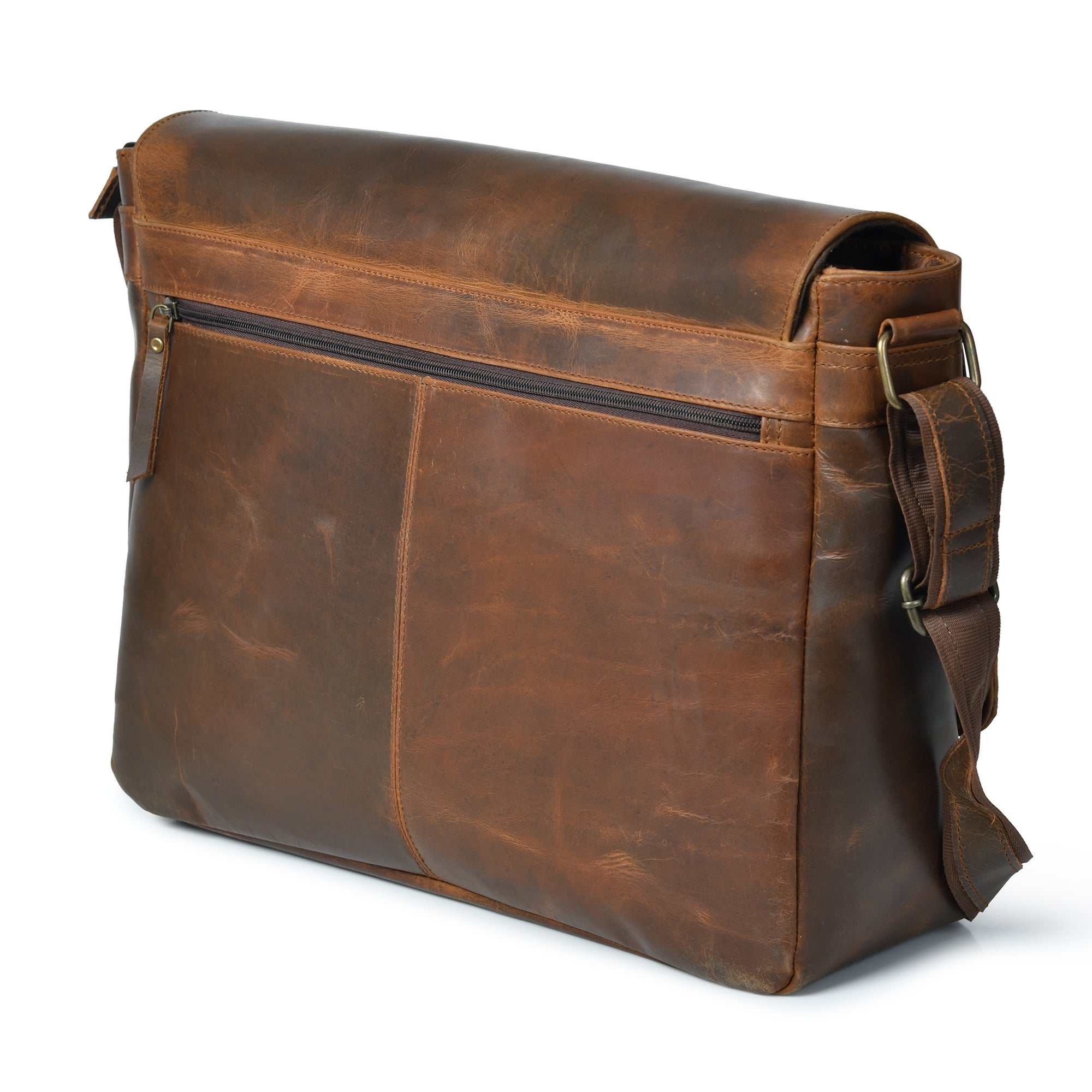 Stylish brown top grain leather messenger bag with adjustable shoulder strap, perfect for carrying a laptop and everyday essentials.