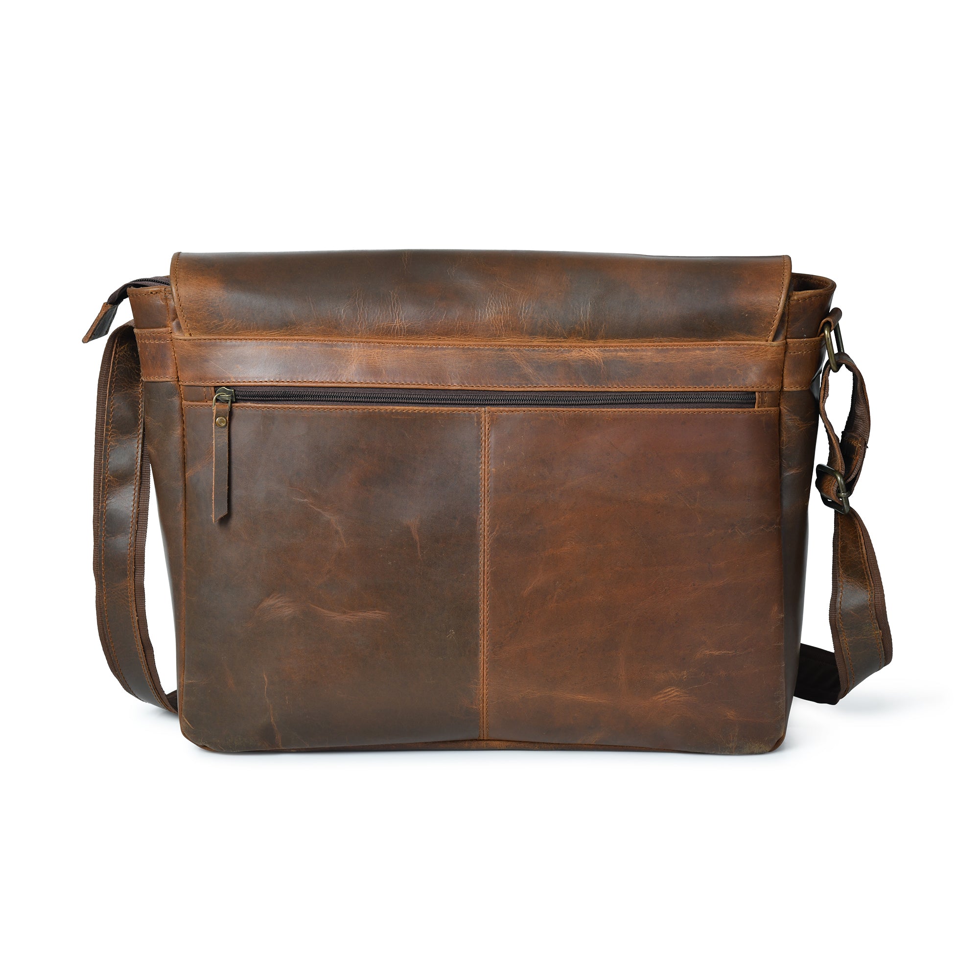 Stylish brown leather laptop messenger bag with adjustable strap, back view. Perfect for carrying your laptop and essentials.