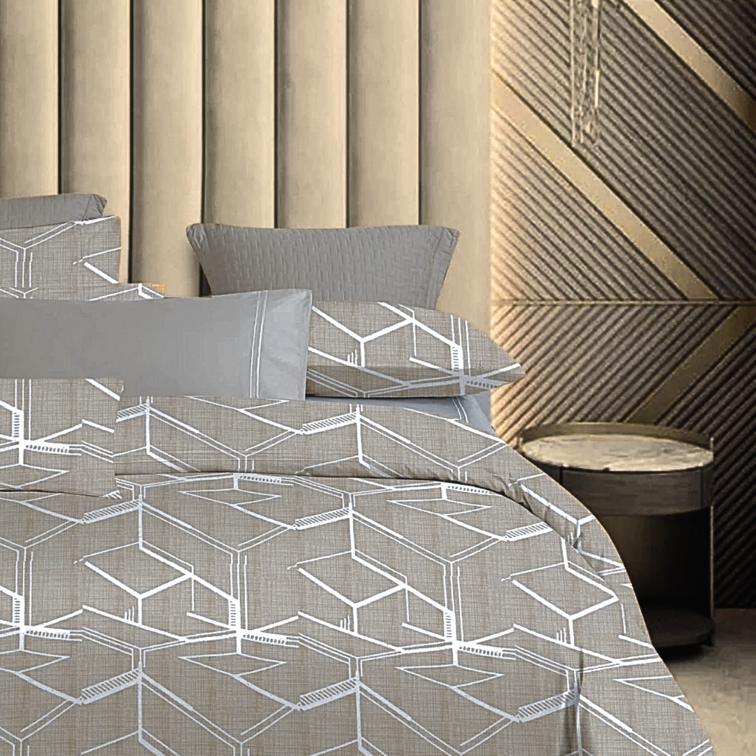 King-size bedsheets in taupe with a modern white hexagonal geometric pattern.