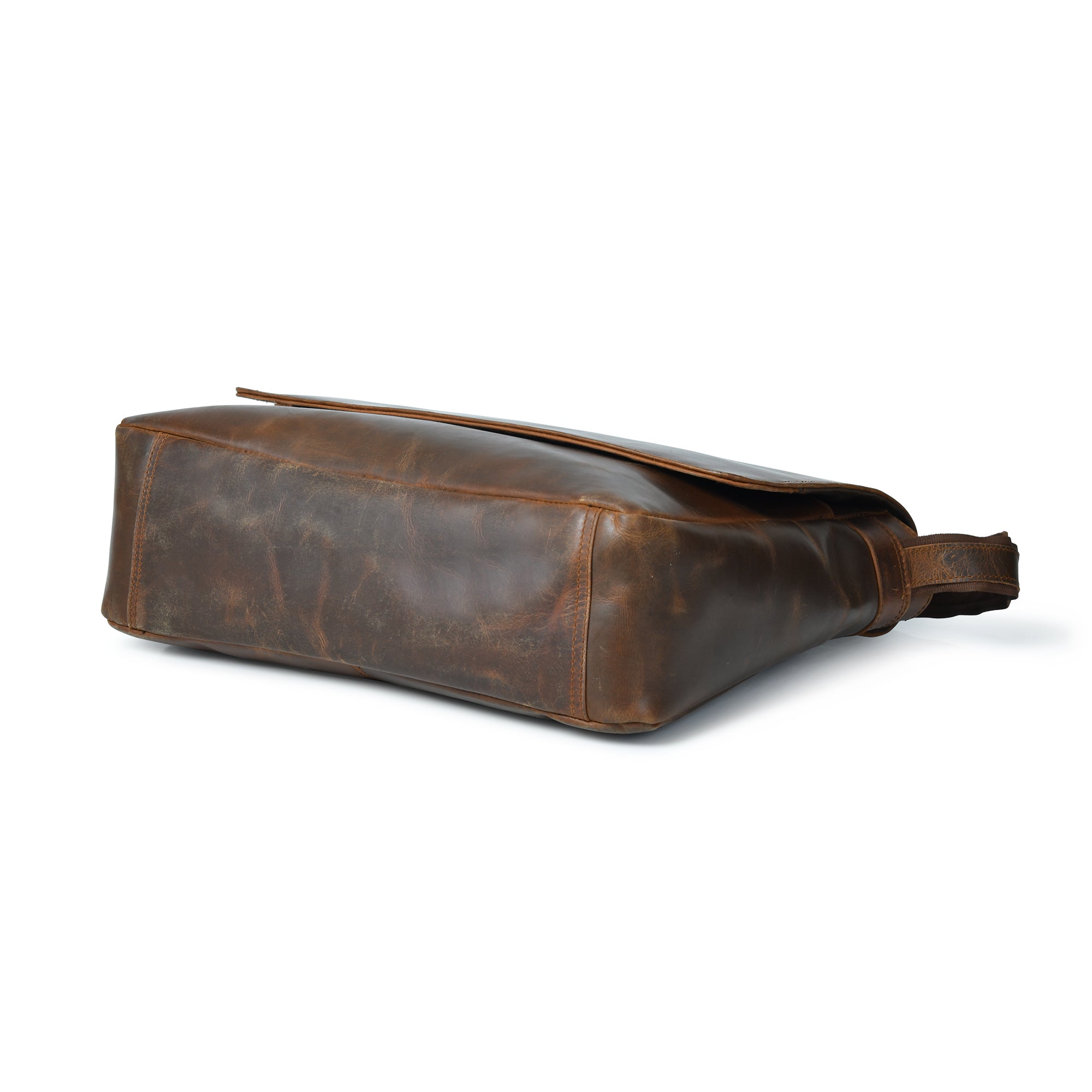 A side view of a brown Top Grain Leather Crossbody Laptop Messenger Bag, showcasing its durable and stylish design.