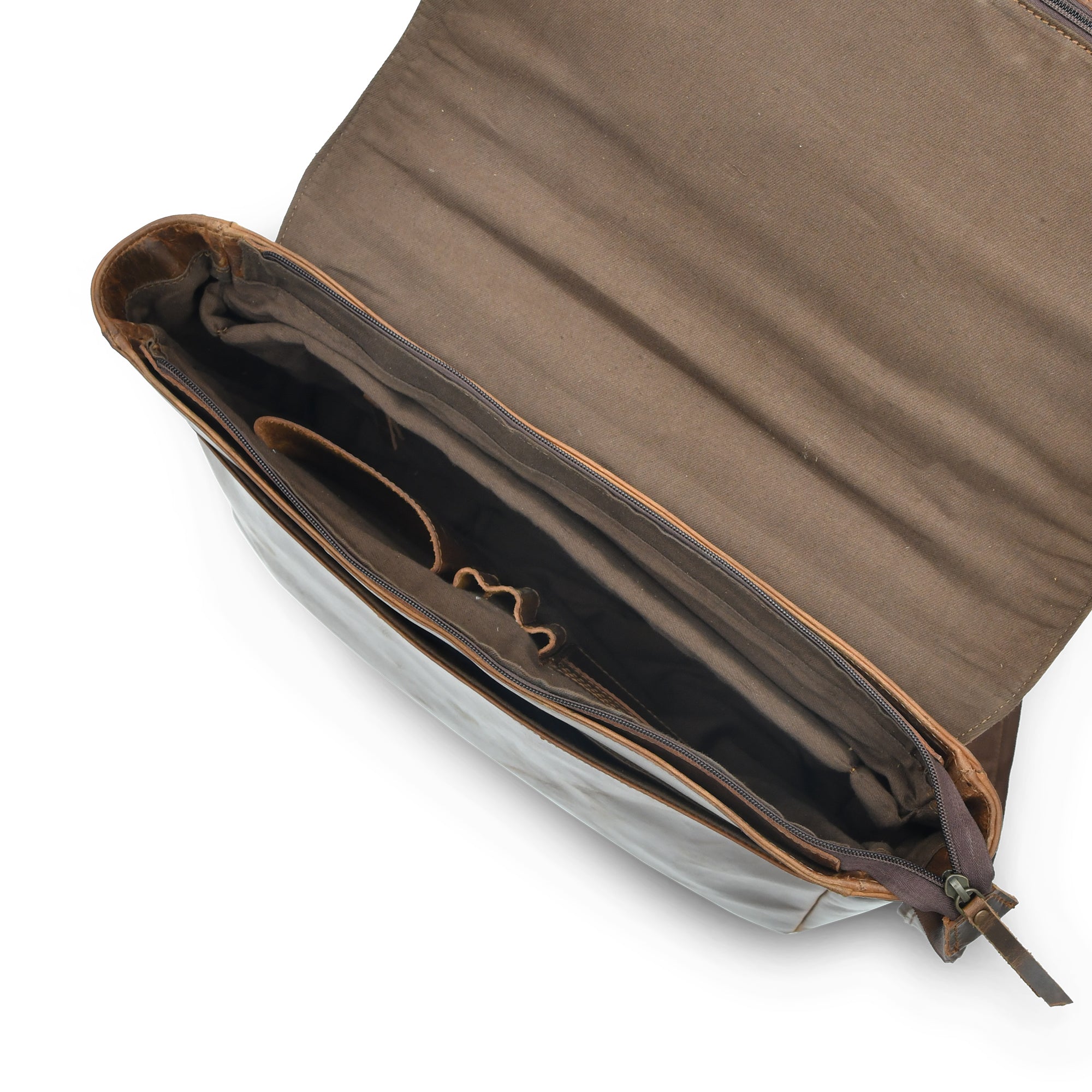 Open view of Top Grain Leather Crossbody Laptop Messenger Bag, showcasing its spacious interior and organizational pockets.