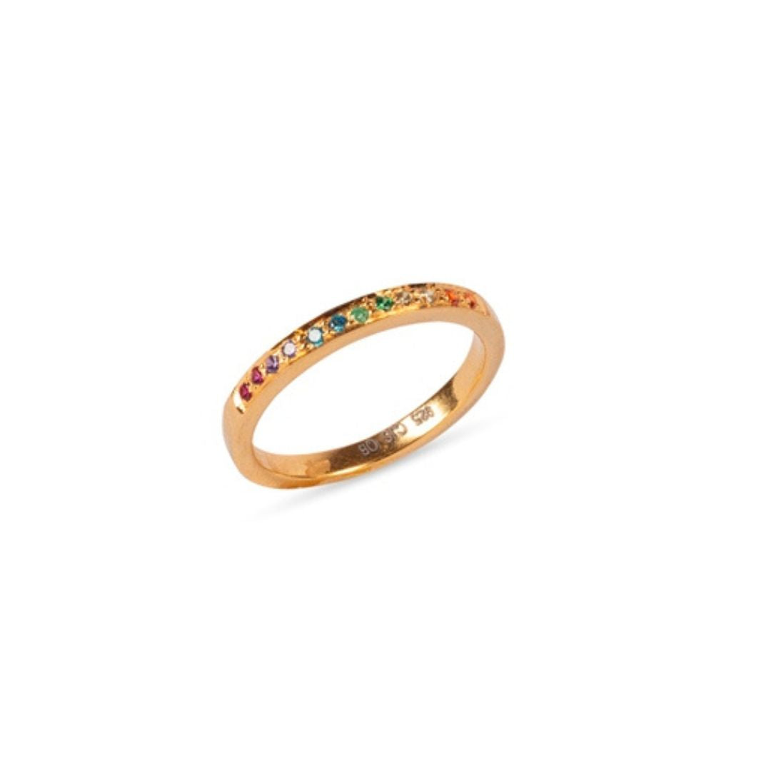 Gold Plated Sterling Silver Rainbow Signet Ring - LGBTQ+ Pride Loveband with Colored Stones, Handcrafted Engagement & Wedding Ring, Unisex Gift for Partner, Spouse, or Friend