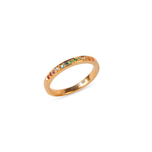 Gold Plated Sterling Silver Rainbow Signet Ring - LGBTQ+ Pride Loveband with Colored Stones, Handcrafted Engagement & Wedding Ring, Unisex Gift for Partner, Spouse, or Friend