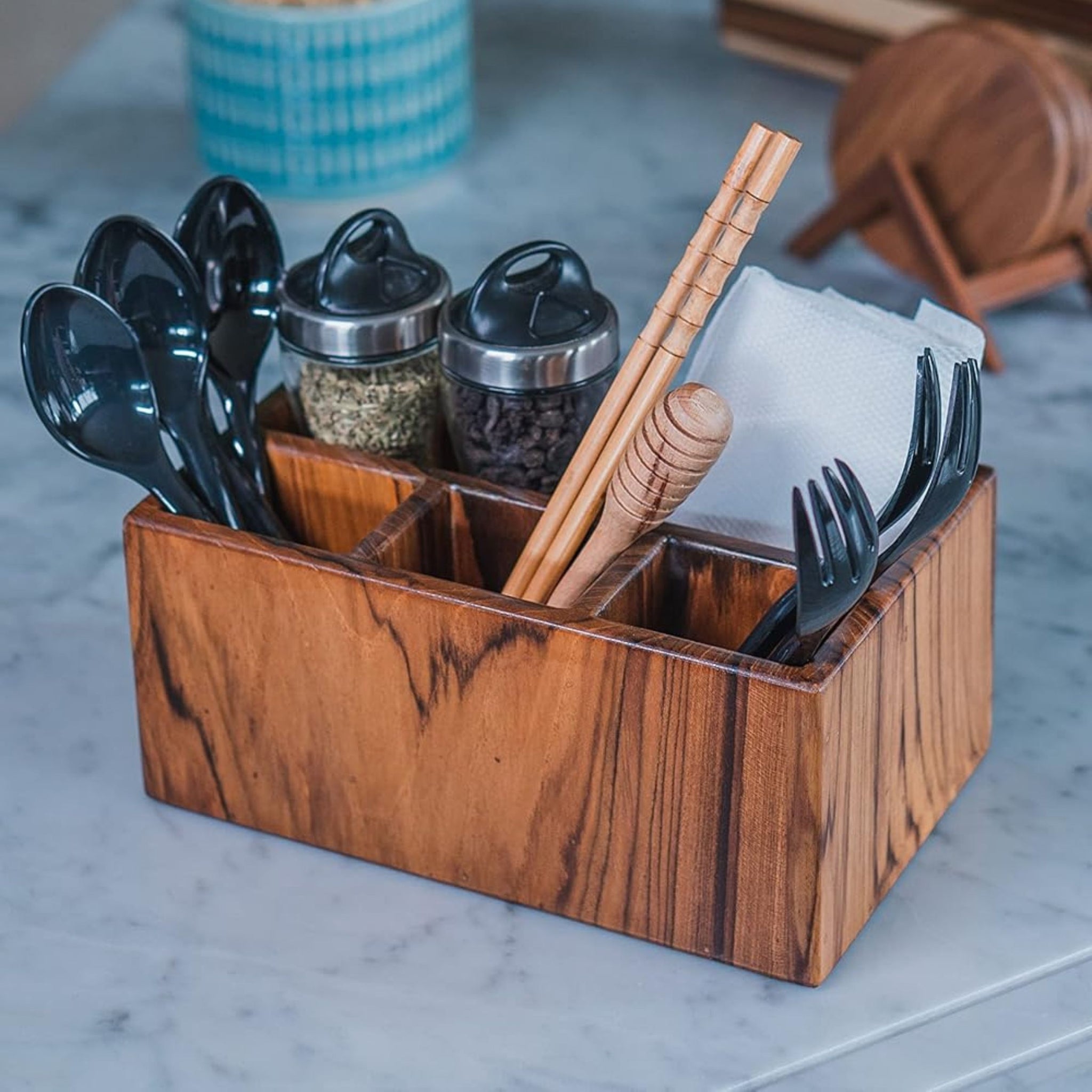 old trunk | Handcrafted Teak Wood Spoon Stand (3+1 Compartment) | Multi-Purpose Organiser | Cutlery Holder For Kitchen and Dining Table