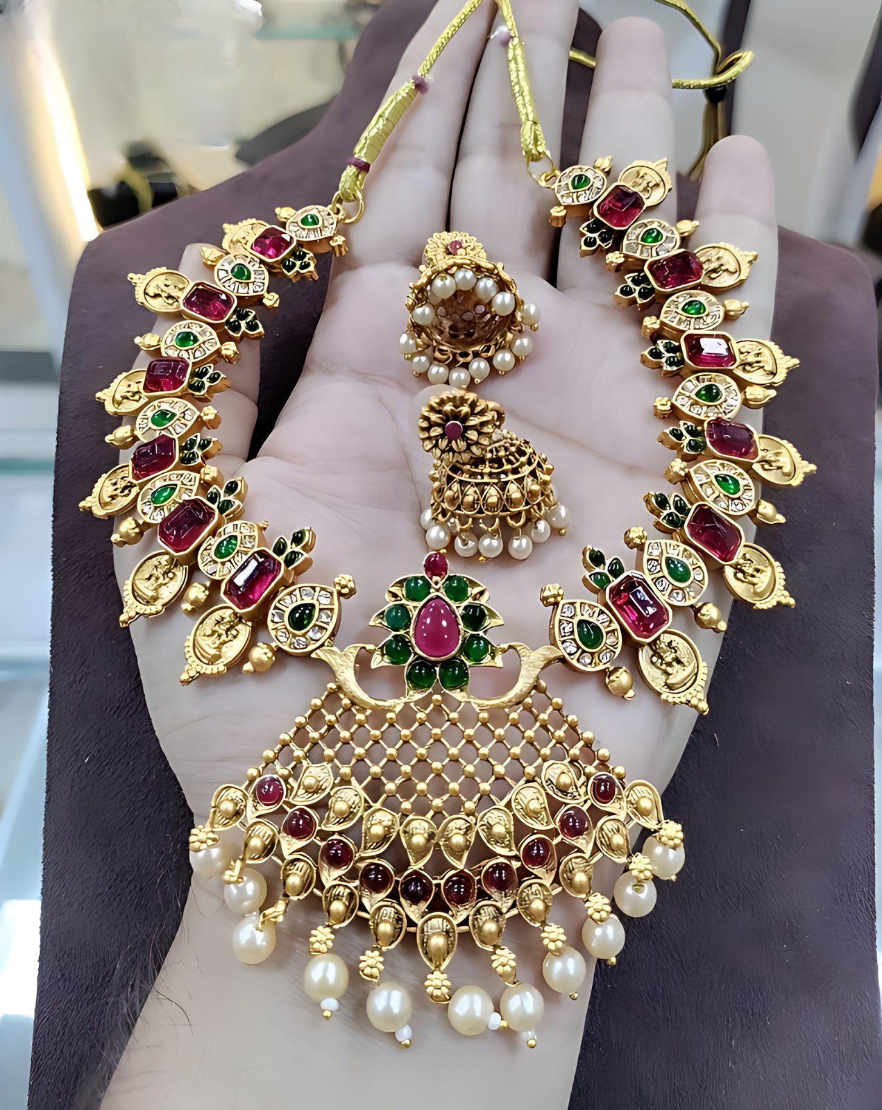 Antique Gold Lakshmi Coin Choker Necklace Set, Ruby Red & Emerald Green Stones, Pearl Drop Temple Jewelry, Traditional Indian Wedding Jewelry (Set of 2)