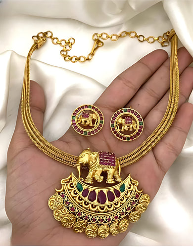 Antique Gold Elephant Pendant Necklace Set, Ruby & Green Stones, Traditional South Indian Temple Jewelry, Traditional Indian Wedding Jewelry (Set of 2)