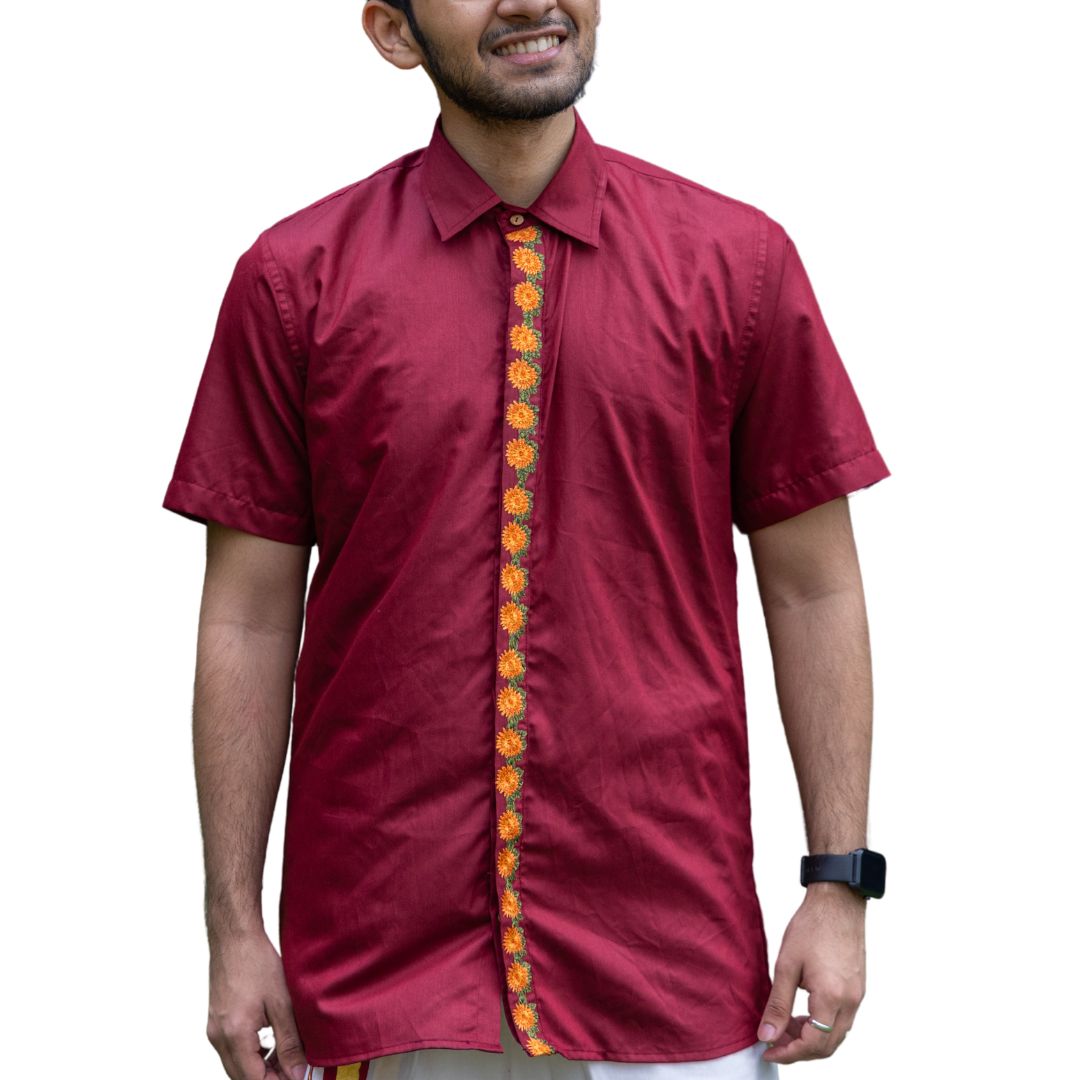 Embroidered Multi Floral Placket, Half Sleeve Shirt, Men's Formal Kerala Shirt, Cotton Shirt Festive Wear (Size 40, Maroon)