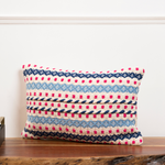 Rectangular Trellis cotton cushion cover with a bold pink, blue, and white African tribal pattern.