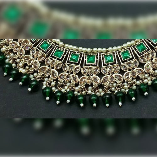 Exquisite Green Tone and Gold Kundan Jewelry Set, Pearl Accents, Traditional Indian Wedding Jewelry (Set of 2)