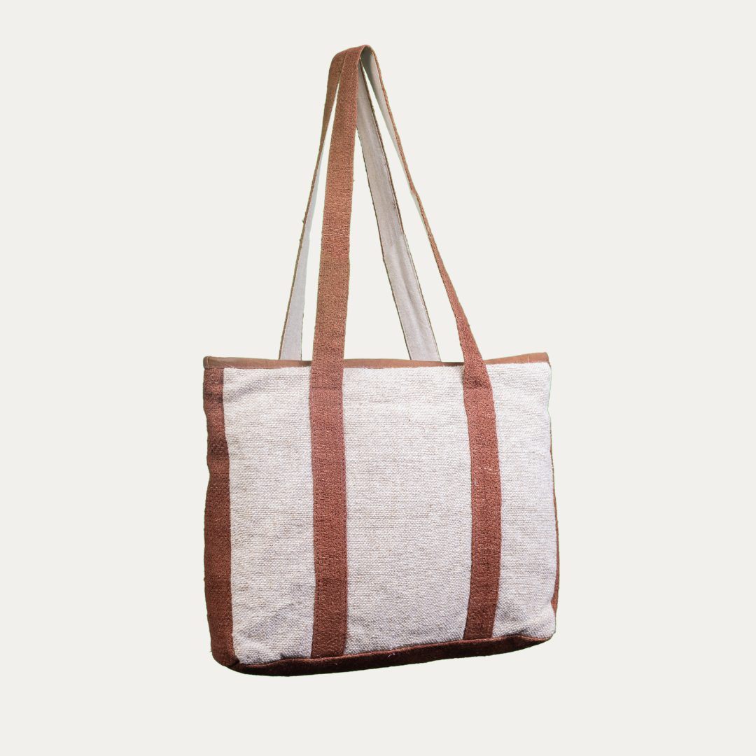 Stylish, eco-friendly hemp tote bag with brown accents. Perfect for corporate use.