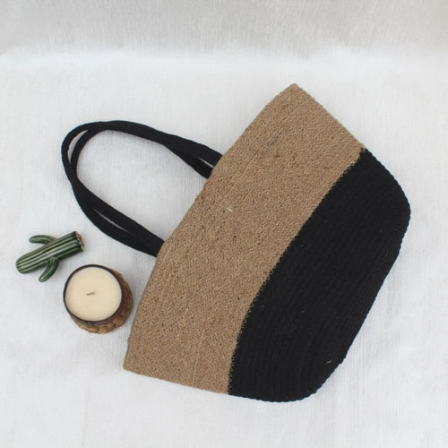 Black/Beige Jute Tote Bag, Black Beige Bag, Elegant, Eco-friendly Bag, Casual, Handbag