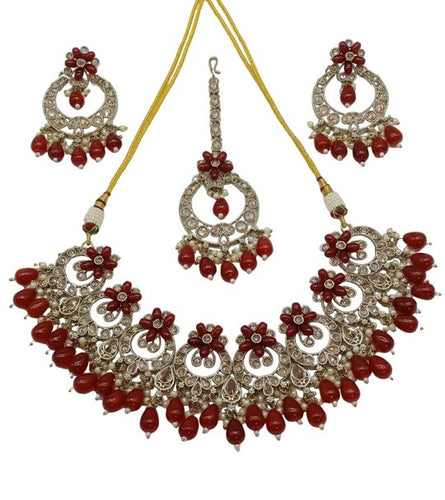 Elegant Red and Gold Indian Jewelry Set - Necklace, Earrings, and Maang Tikka, , Traditional Indian Wedding Jewelry (Set of 2)