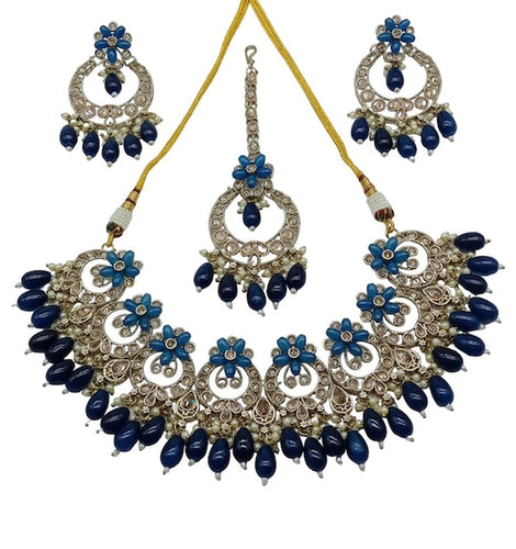 Elegant Blue and Gold Indian Jewelry Set - Necklace, Earrings, and Maang Tikka, , Traditional Indian Wedding Jewelry (Set of 2)