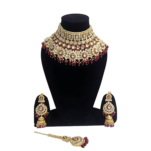 Royal Kundan Bridal Choker Necklace Set, Maang Tikka and Earrings, Traditional Indian Wedding Jewelry, Bridal Collections (Set of 2)