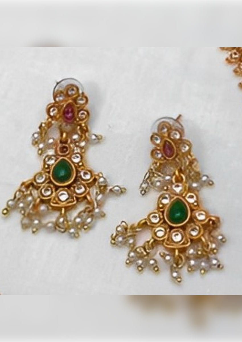 Elegant Gold-Plated Guttapusalu Necklace Set, Pearl and Emerald Accents, Traditional Indian Wedding Jewelry (Set of 2)