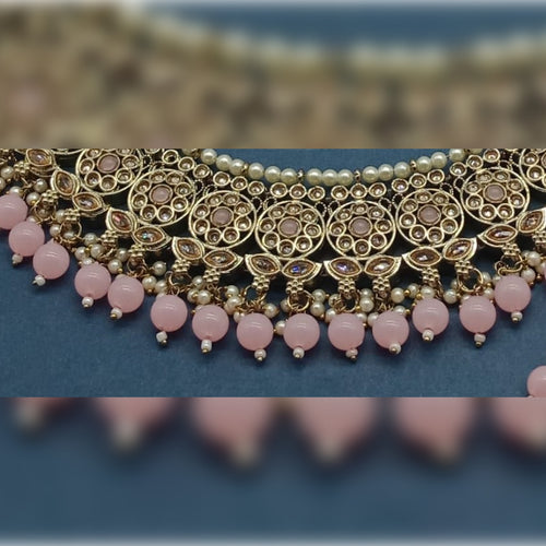 Elegant Pink and Gold Kundan Choker Necklace Set, Earrings and Maang Tikka, Traditional Indian Wedding Jewelry (Set of 2)