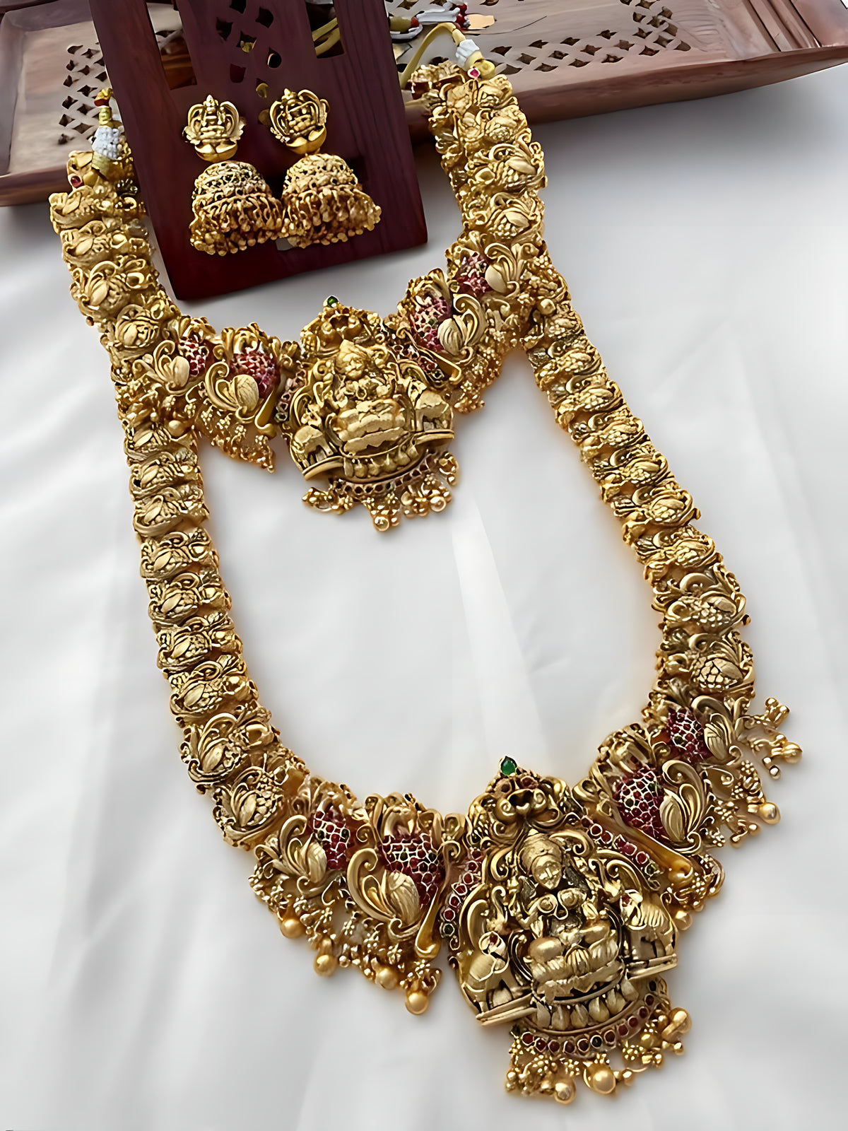 Traditional Temple Design Gold-Plated Lakshmi Long Necklace Jhumka Earrings Antique South Indian Bridal Jewelry Set, , Traditional Indian Wedding Jewelry (Set of 2)