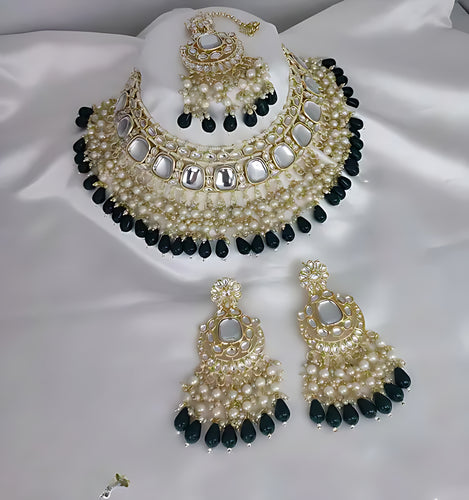 Luxurious Kundan Choker Set, Pearl and Black Bead Accents - Traditional Indian Bridal Jewelry, Traditional Indian Wedding Jewelry (Set of 2)