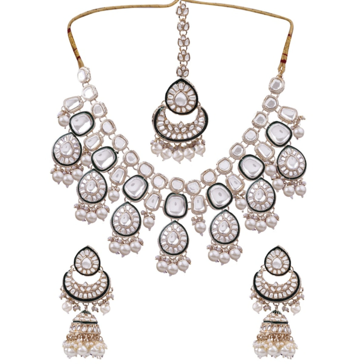 Luxury Kundan Bridal Jewelry Set, Silver Crystal Choker, Pearl Drops, Earrings & Maang Tikka, Traditional Indian Wedding Jewelry (Set of 2)