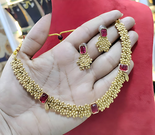 Designer Gold Floral Necklace Set, Ruby Stones Elegant Matt Gold Finish Jewelry Set for Women, Traditional Indian Wedding Jewelry (Set of 2)