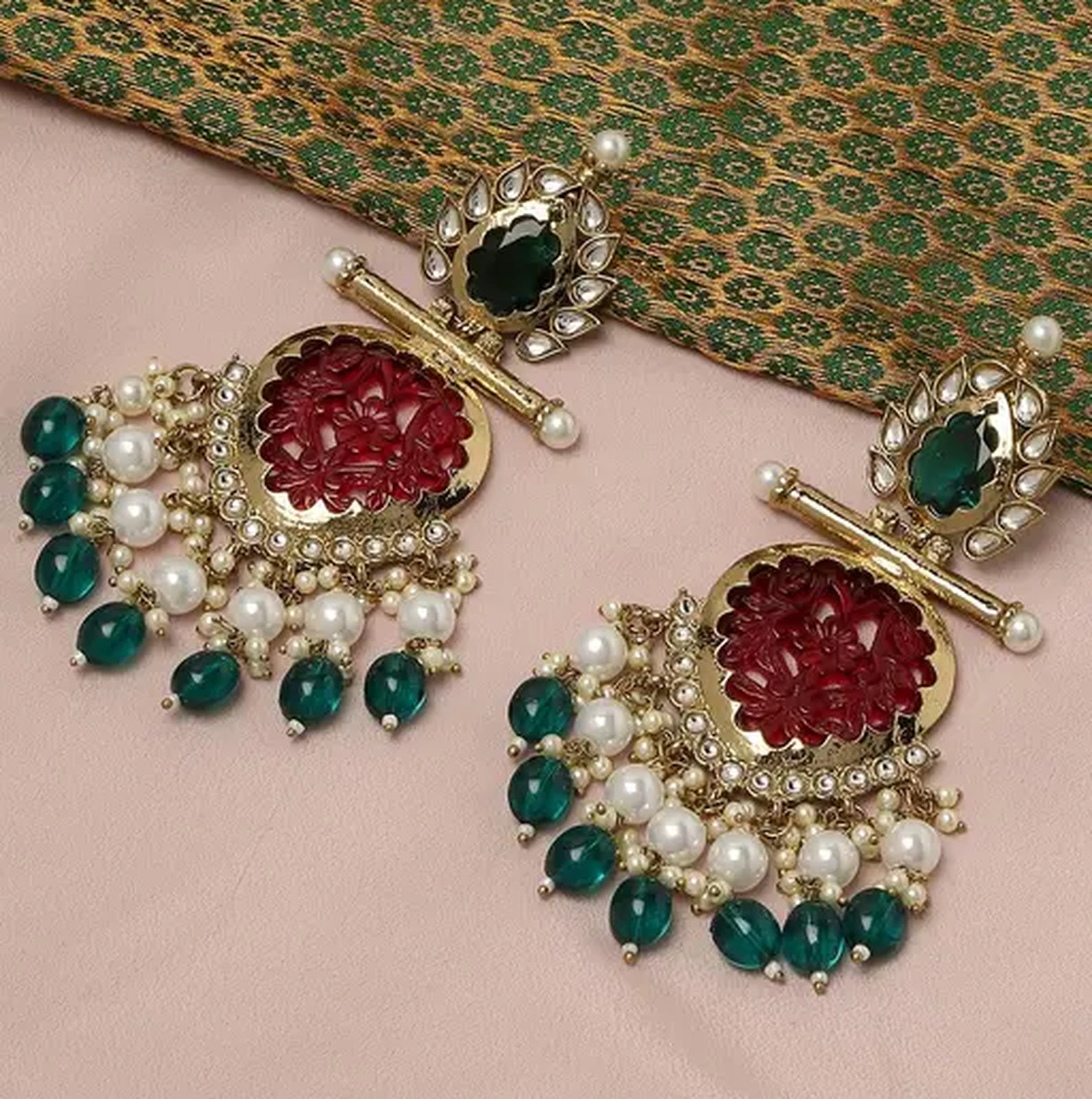 Elegant Kundan-Inspired Chandelier Earrings, Red and Green Gemstones, Traditional Indian Wedding Jewelry (Set of 1)