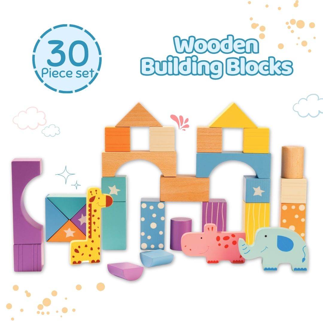 Cots and Cuddles Premium Quality 30pcs Wooden Building Blocks for Kids