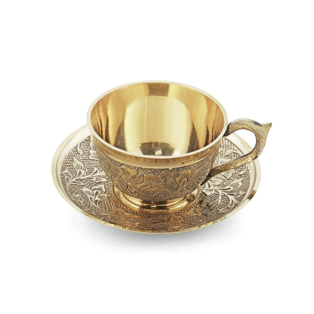 Brass Tea Cup and Saucer Set with Royal Finish | Handcrafted Brass Coffee Cups for Kitchen (Set of 6)