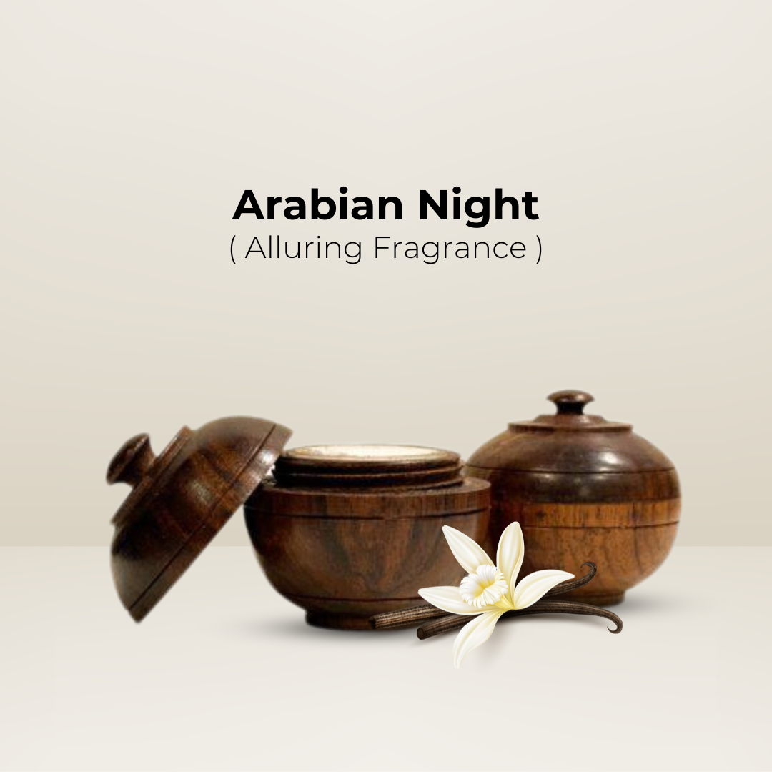 "Arabian Nights Natural Solid Body Wax Perfume" in an elegant wooden jar with a vanilla bean and flower. Alluring fragrance.