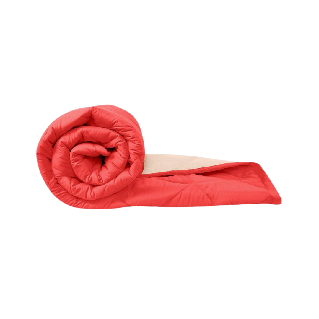 Rolled red Bellolin Microfibre Comforter for double bed. This soft and comfortable comforter is lightweight and breathable.