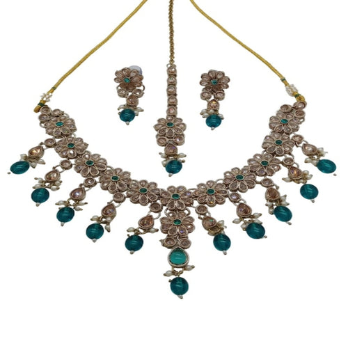 Exquisite Floral Kundan Necklace Set, Teal Drops and Matching Earrings, Traditional Indian Wedding Jewelry, Festive Look (Set of 2)