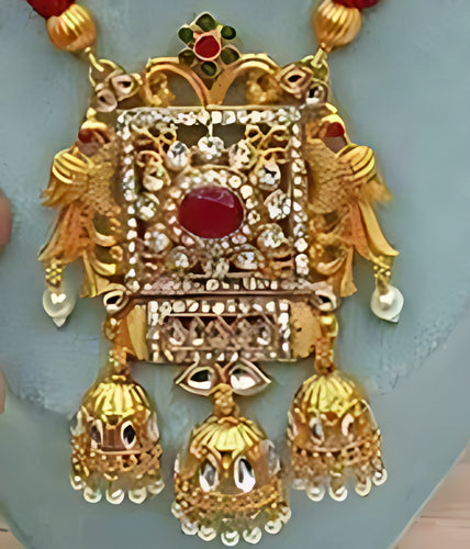 Elegant Red Pearl and Gold Kundan Necklace Set, Ornate Pendant, Traditional Indian Wedding Jewelry (Set of 2)