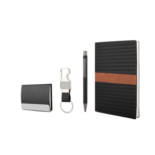 Smooth Corporate Gift Set with A5 Journal Notebook, Premium Metal Pen, Card Holder & Metal Keychain | 4-in-1 Customizable Gift Set for Executives, Travelers & Special Occasions (Black, 192 Pages)