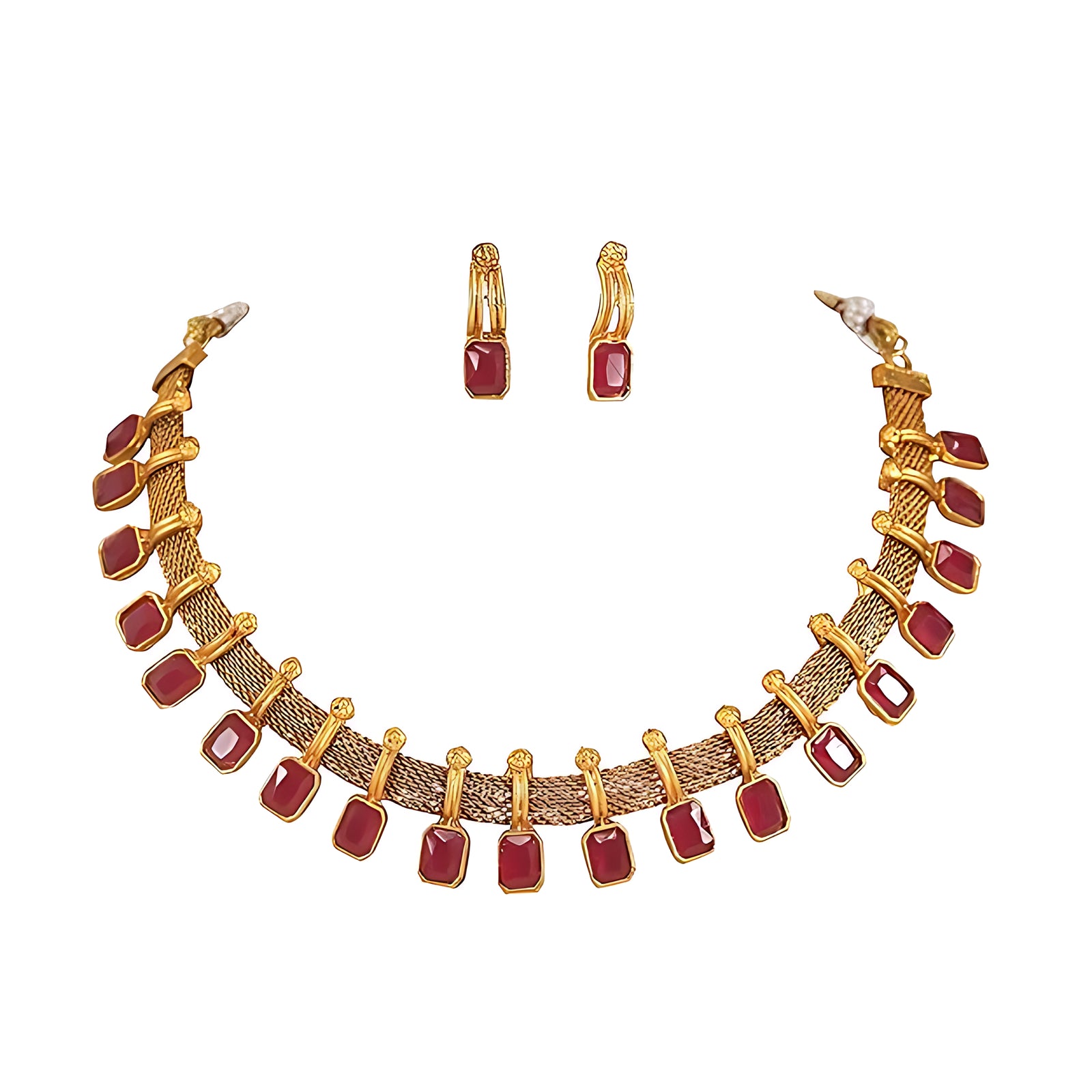 Elegant Maroon and Gold Mesh Necklace Set, Matching Earrings, Traditional Indian Wedding Jewelry (Set of 2)