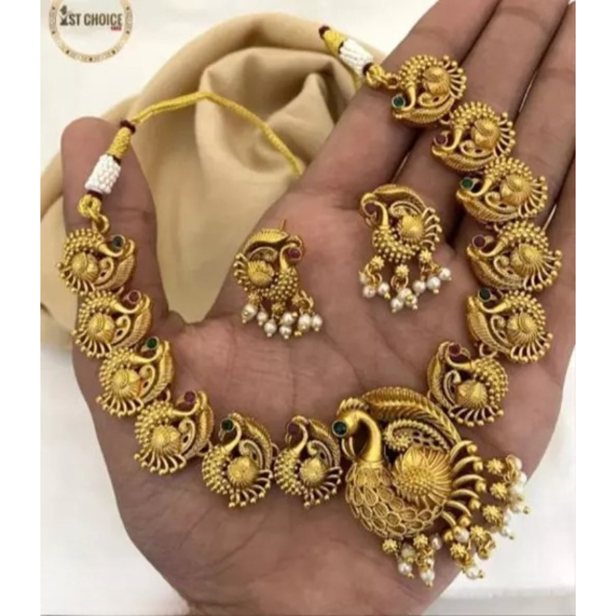 Exquisite Gold Peacock Necklace Set, Pearl Accents, Traditional Indian Wedding Jewelry (Set of 2)