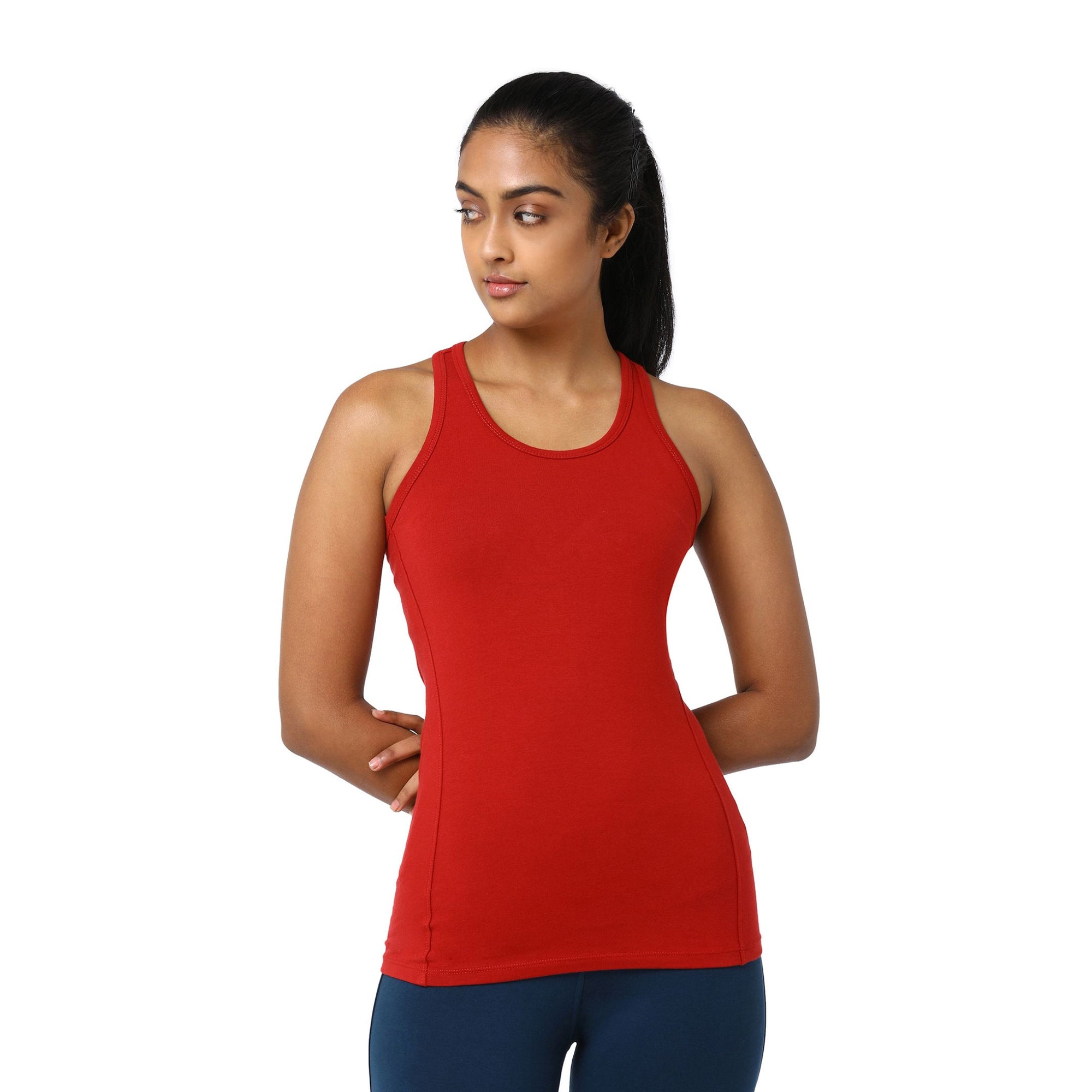 Yoga Racer Back Tank Top with Semi-Snug Fit | Organic Cotton & Lycra® Blend Tank Top with Reinforced Seams | Scarlet