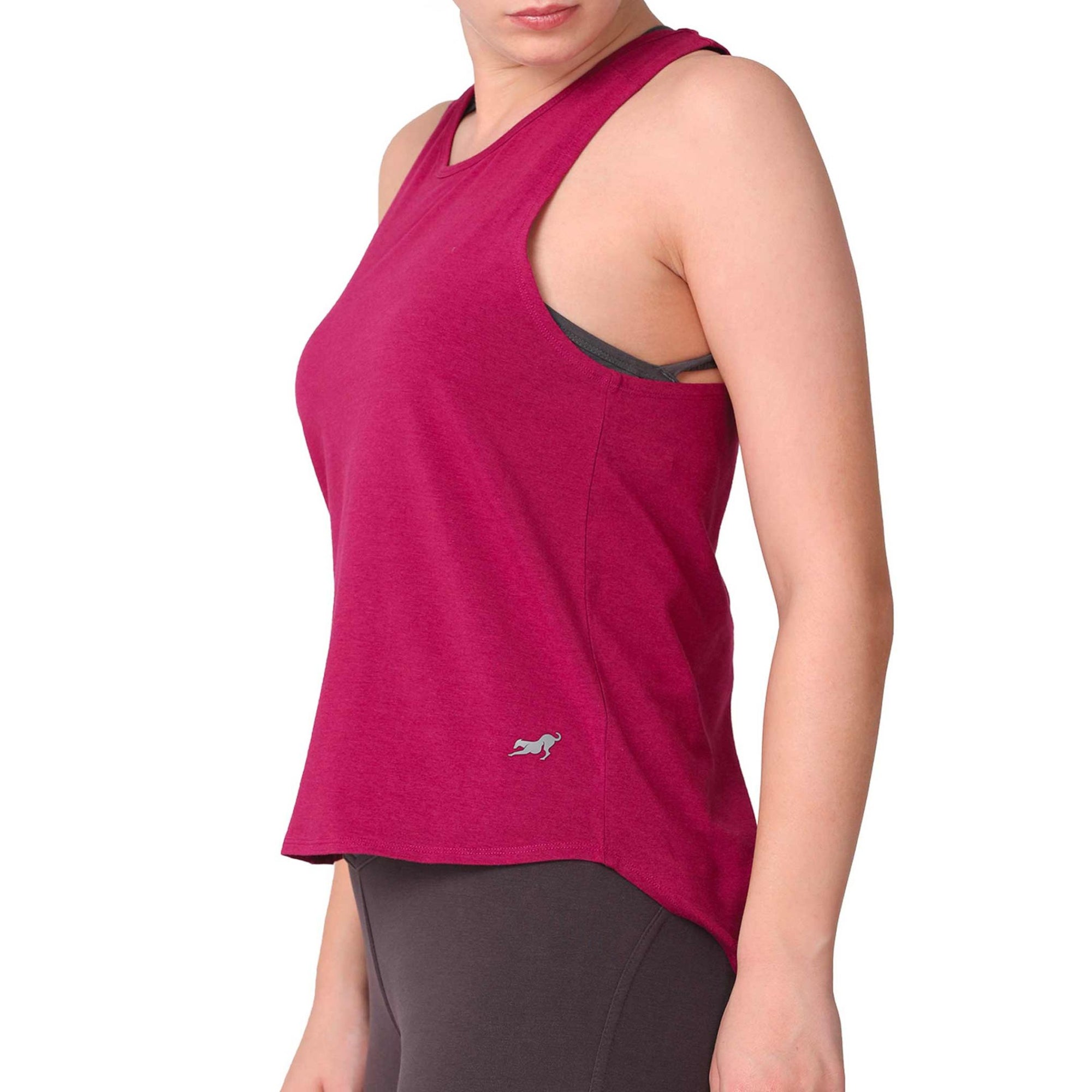 Pari Yoga Tank with Organic Cotton | Sleeveless Layering Crossback Tank Top with Drop Shoulder & Hi-Lo Hemline | Raspberry