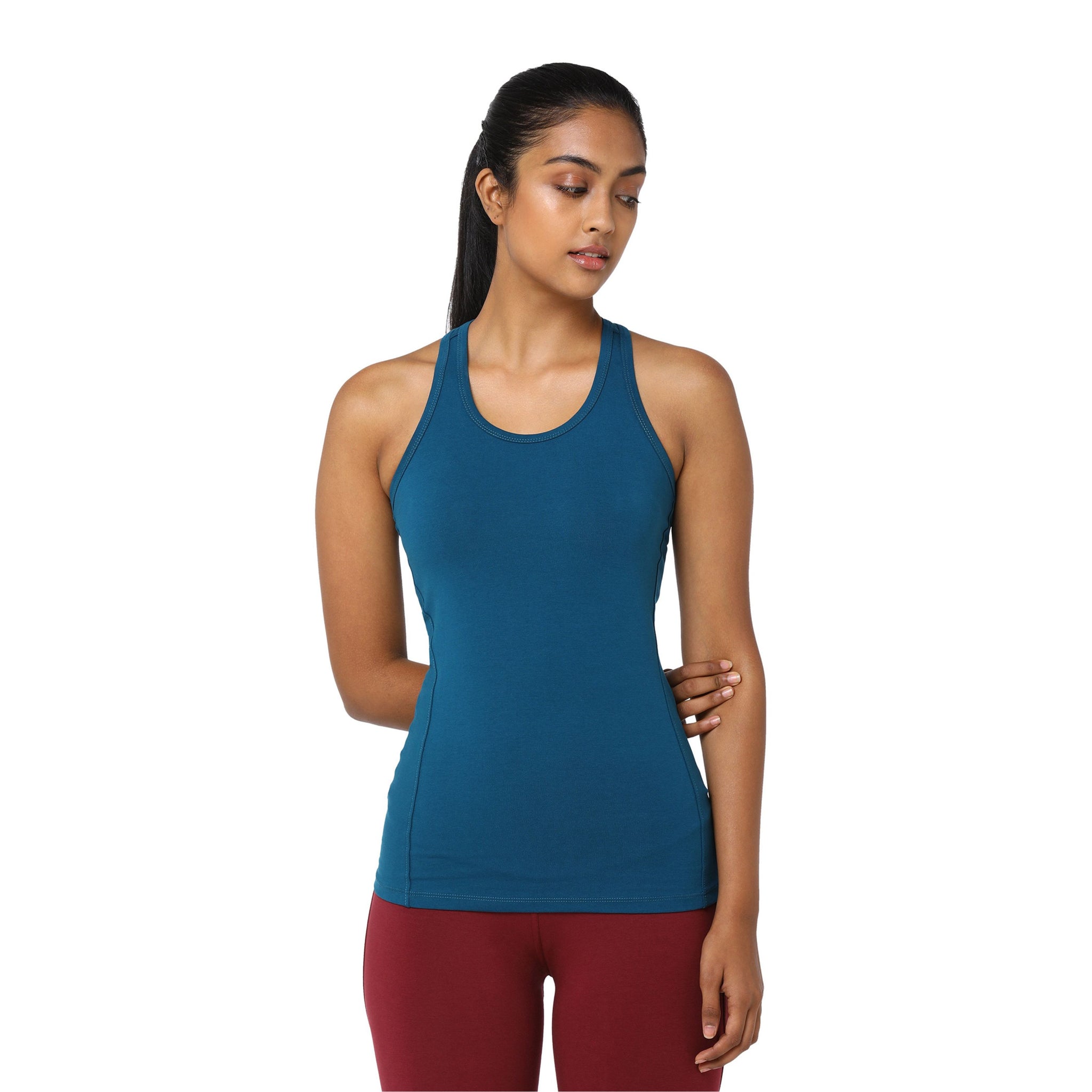 Chin Fitted Racer Back Tank with Organic Cotton | Women's Racerback Yoga Top with Semi-Snug Fit & Reinforced Seams | Seaport Blue