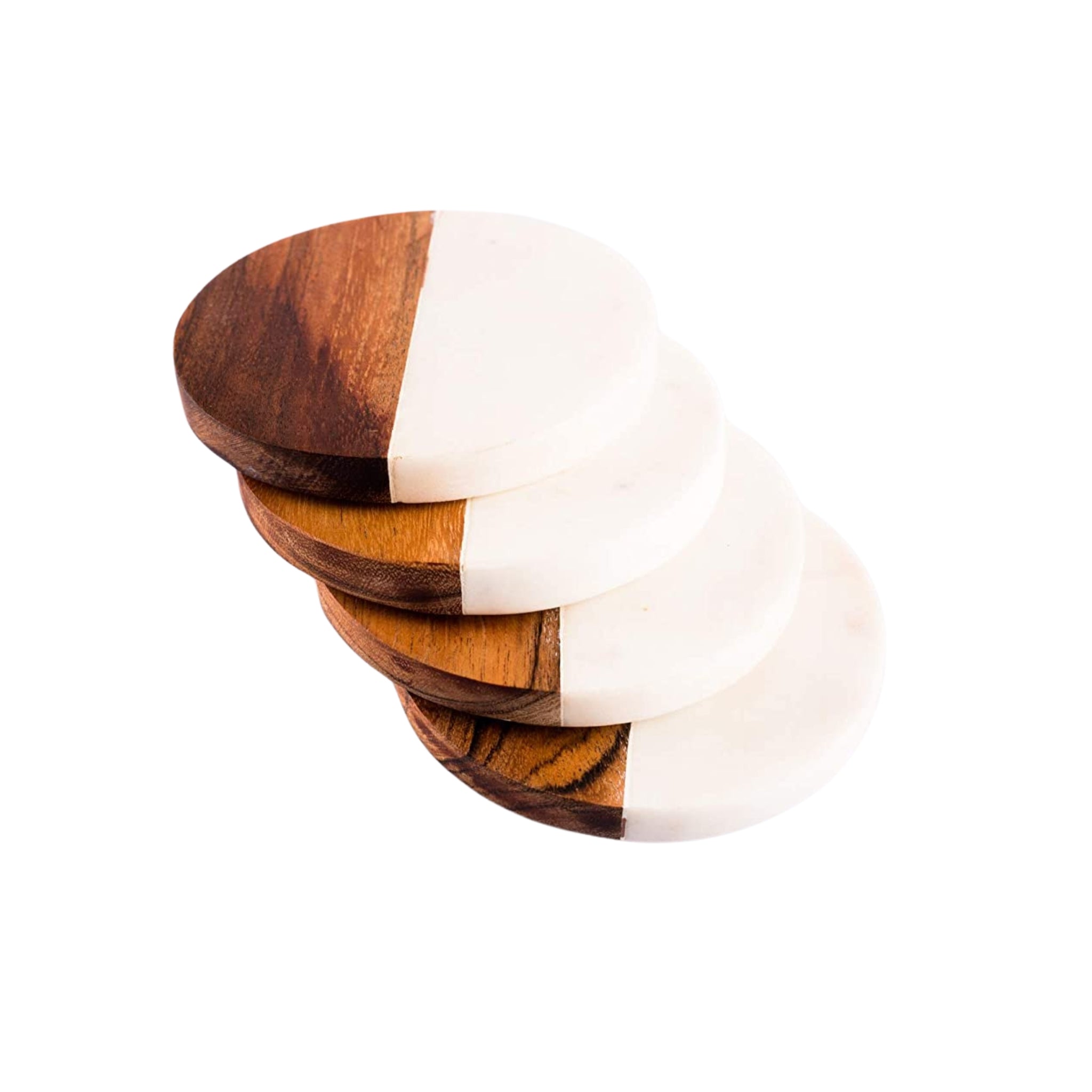 White Marble & Brown Wood Round Coasters - Elegant Anti-Skid Heat-Resistant Home Accessories, Ideal for Serving Drinks, Coffee or Tea, (10x10 cm) Set of 4