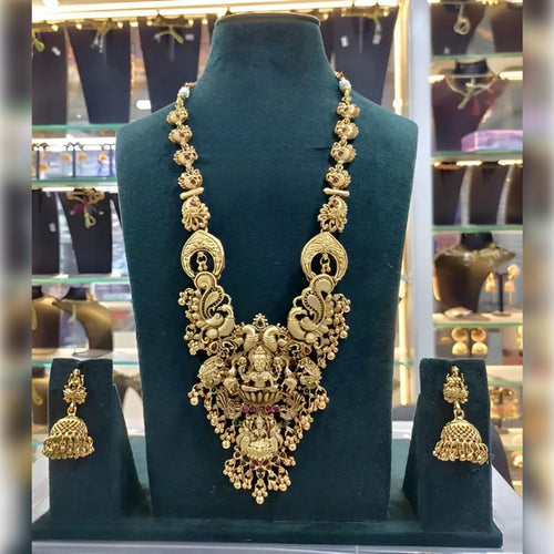 Exquisite Gold-Plated Temple Jewelry Set, Necklace, Choker and Jhumka Earrings, Traditional Indian Wedding Jewelry (Set of 2)