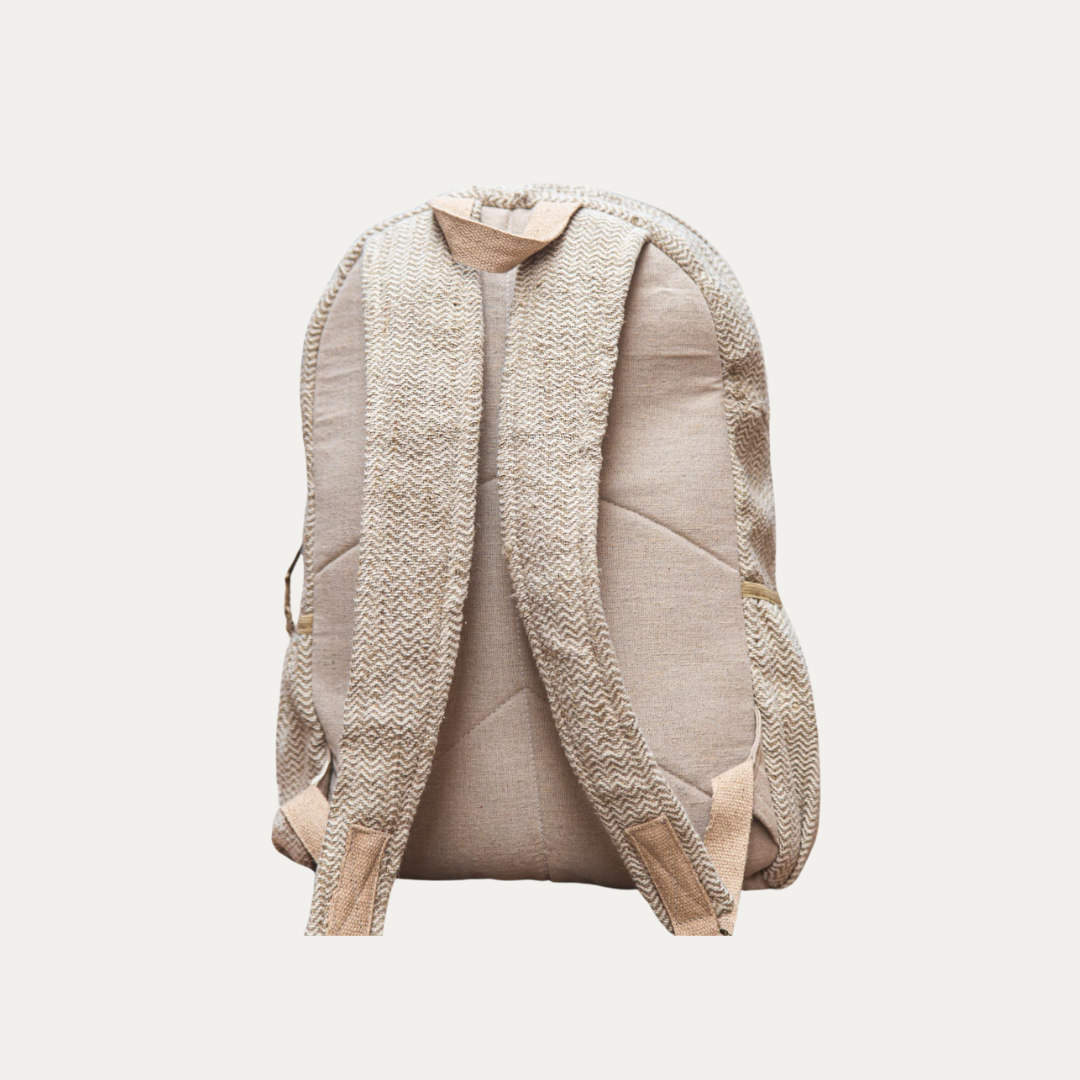 Eco-friendly and stylish hemp backpack, shown from the back, highlighting the natural beige fabric and adjustable straps.