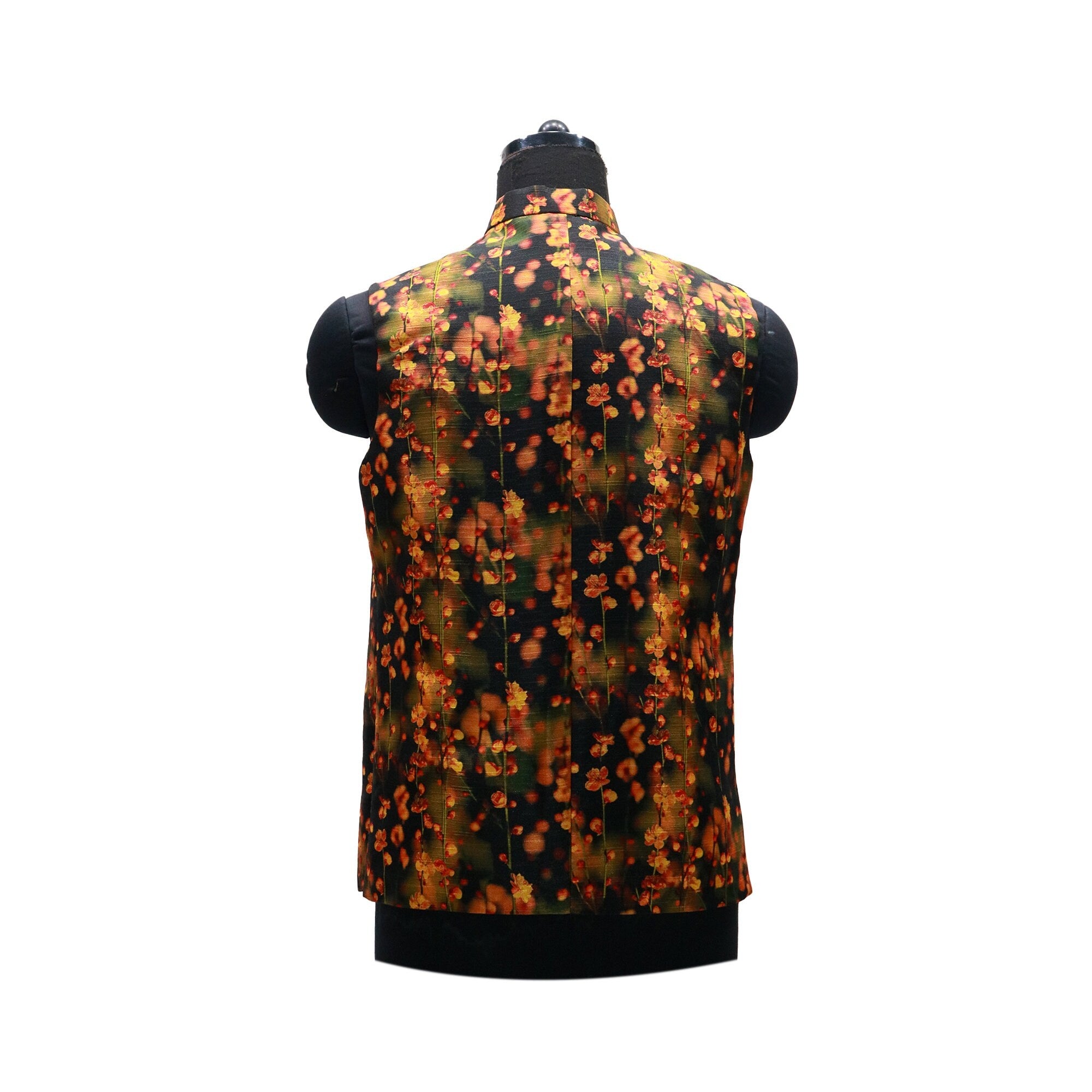 Handmade Nehru jacket with a black and orange floral pattern, shown on a mannequin.