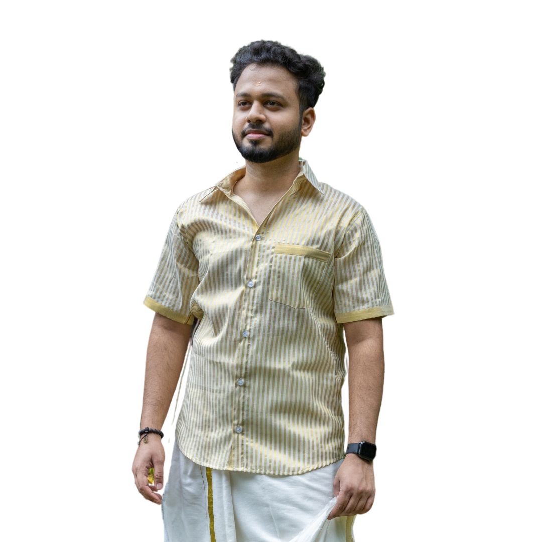 Kerala Striped Kasavu Cotton Shirt, Half Sleeve, Traditional Men's Shirt, Comfortable Cotton Shirt with Striped Design (Size 40, Kasavu)