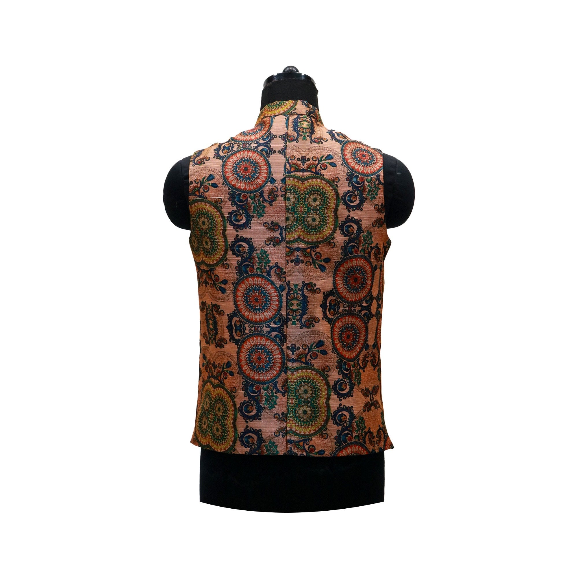 Handmade vintage floral Nehru jacket, back view. This men's ethnic vest features a mandarin collar and a colorful paisley pattern.