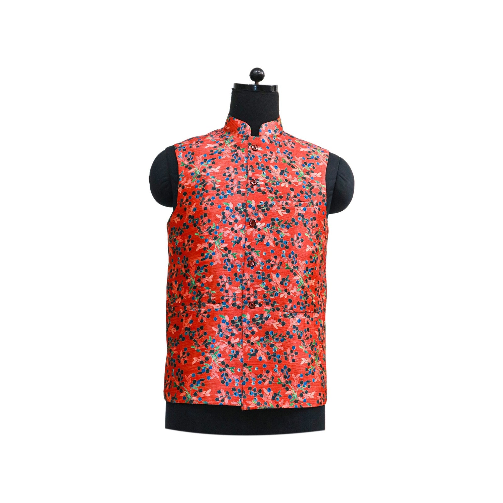 Red floral Nehru jacket on mannequin, showcasing the Indian ethnic party wear and unique gift idea for men.