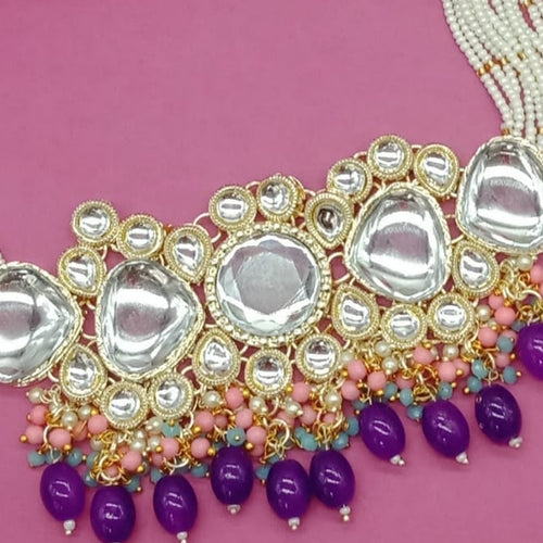 Royal Kundan Choker Set, Purple Drops Traditional Pearl String Necklace   Earrings & Maang Tikka, Traditional Indian Wedding Jewelry (Set of 2)