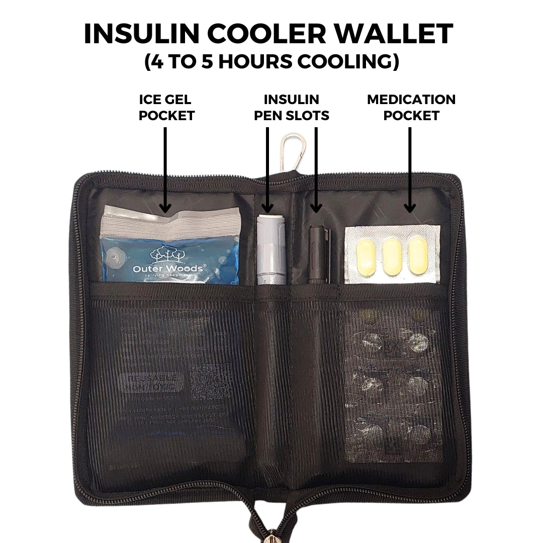 Outer Woods Nylon Insulin Cooling Wallet For Diabetics With Two Free Ice Gel Packs - Black | Insulin Travel Pouch | Insulin Cooling Case