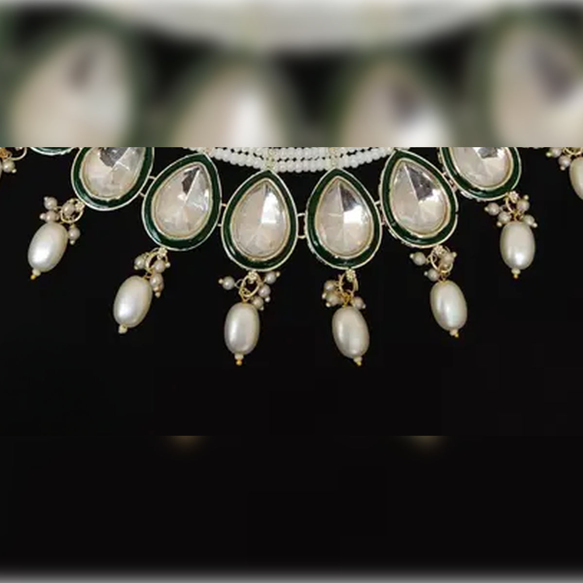 Elegant Pearl and Kundan Necklace Set, Green Enamel Accents, Traditional Indian Wedding Jewelry (Set of 2)